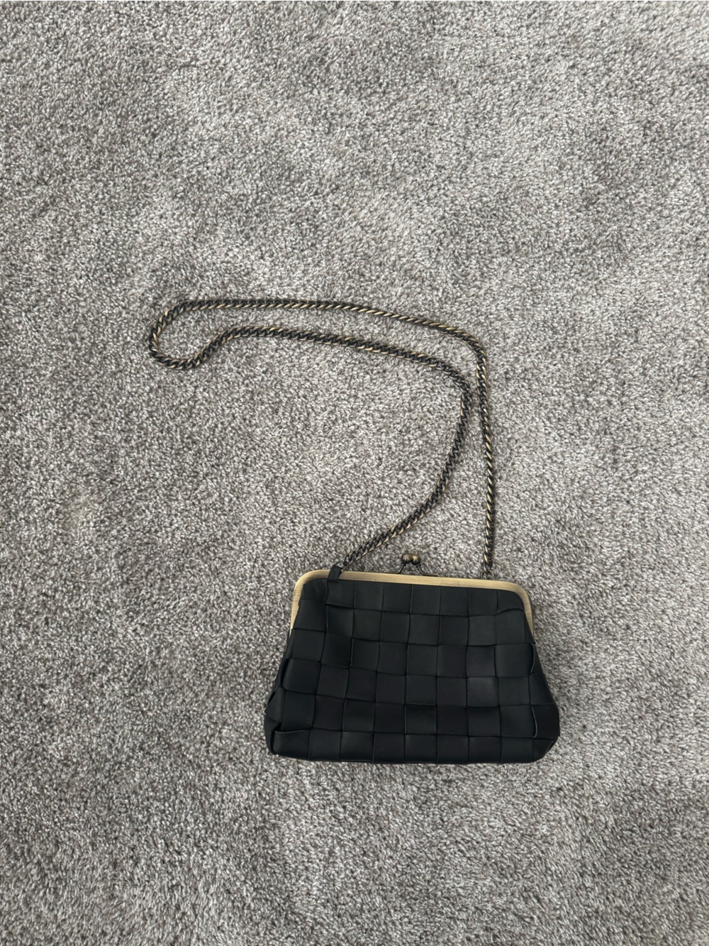 Woven Leather Black Crossbody Bag with Chain Strap